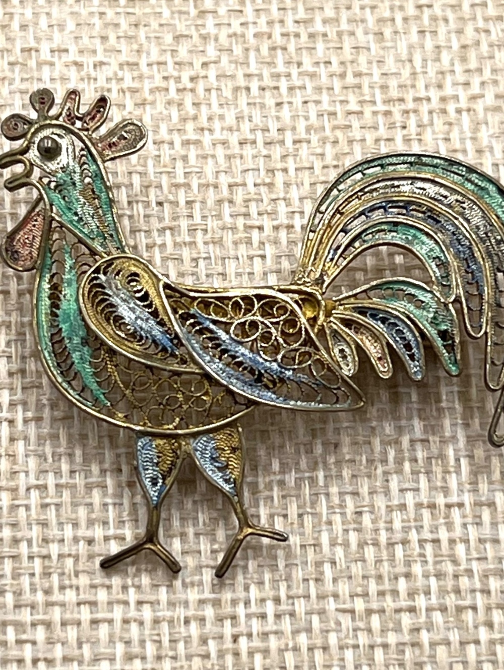 Antique 800 Silver Filigree Enamel Rooster Brooch Italy